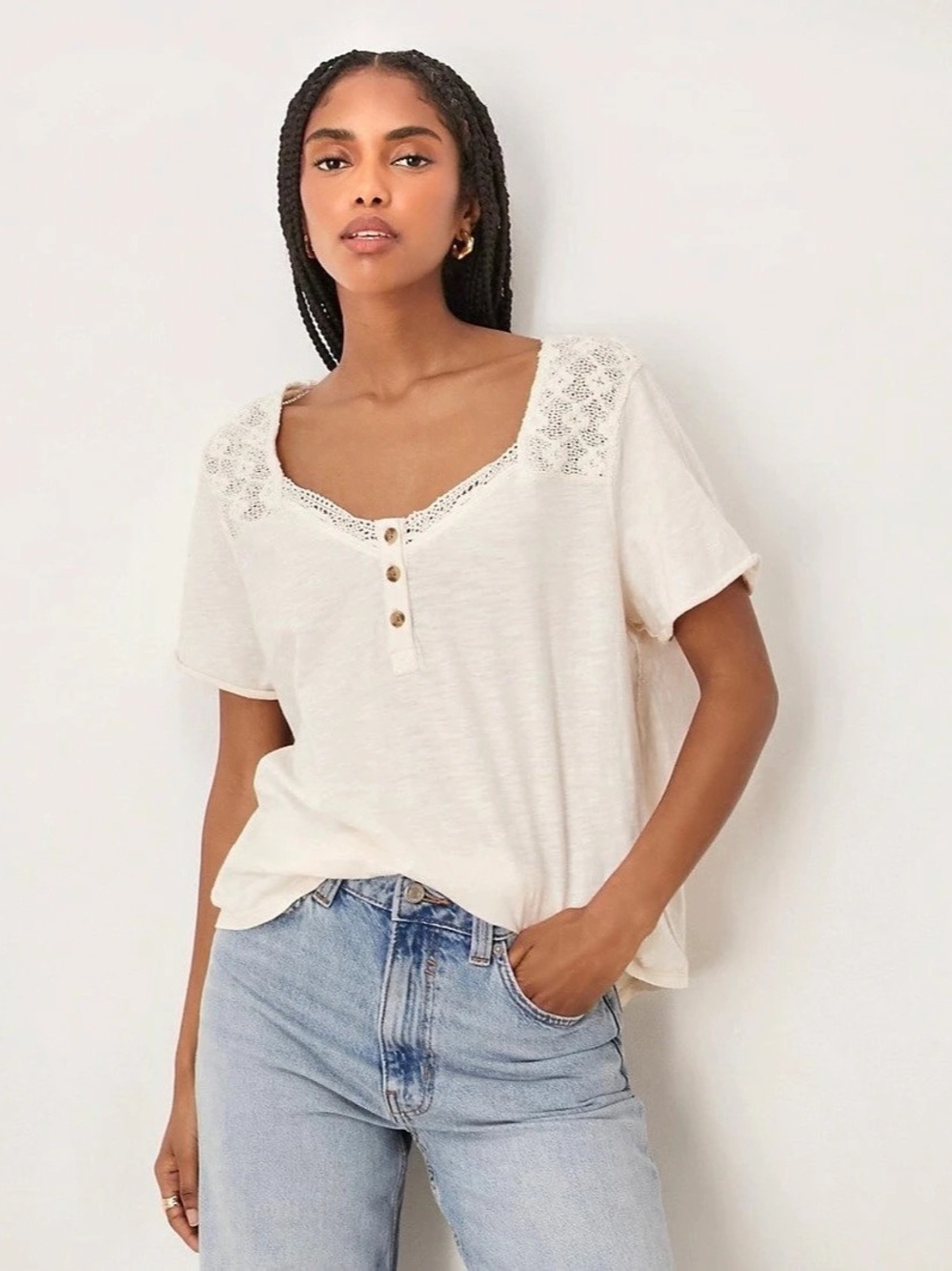 We The Free Ivory Crochet Yoke Cotton Henley Top Size L NWT